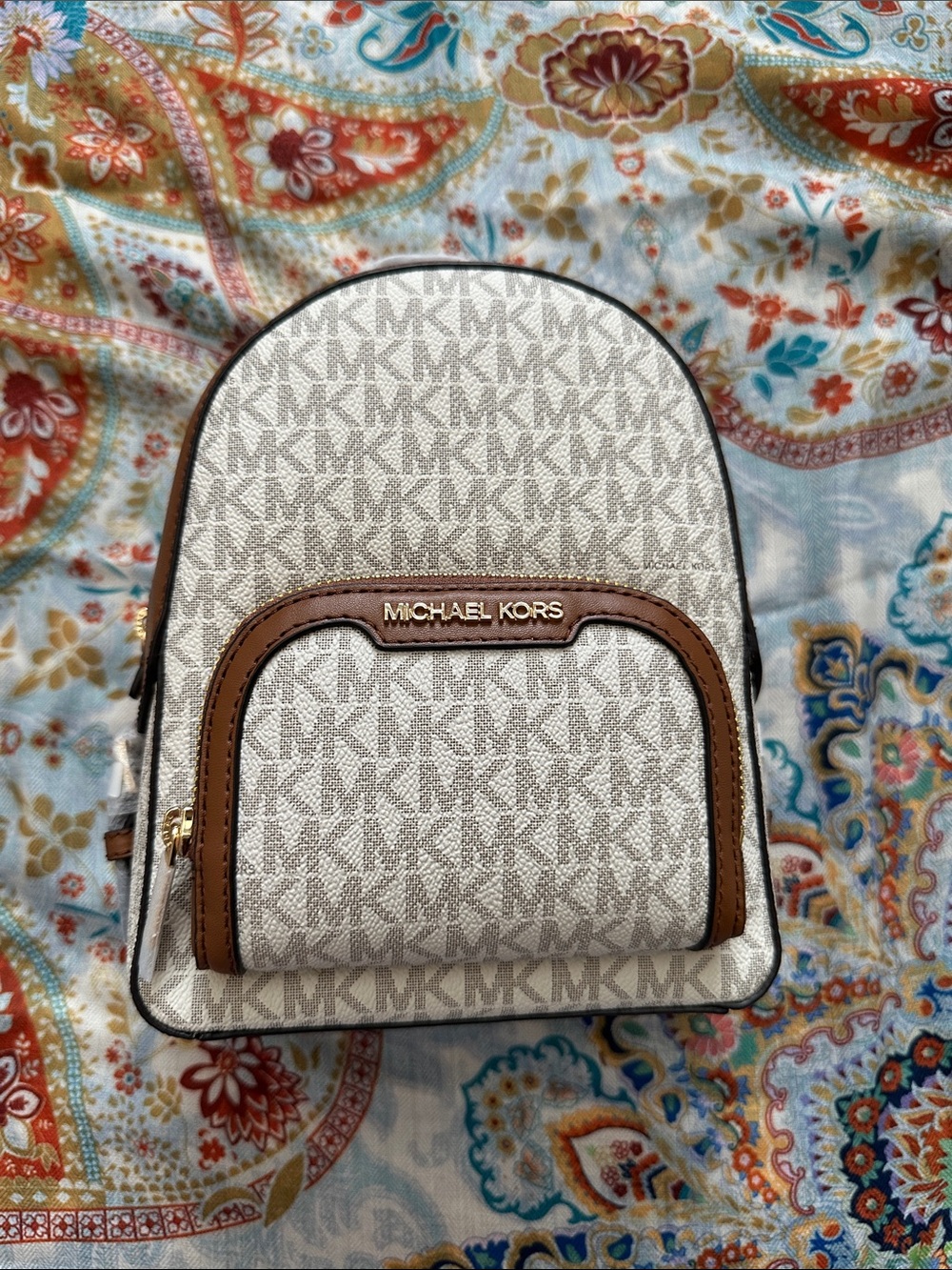 Michael Kors Beige Logo Mini Backpack with Brown Trim